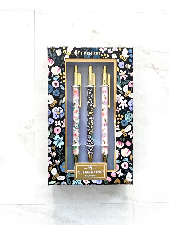 Clementine Other - Clementine Floral 3-Pen Set - Gold Accent Blue & Pink